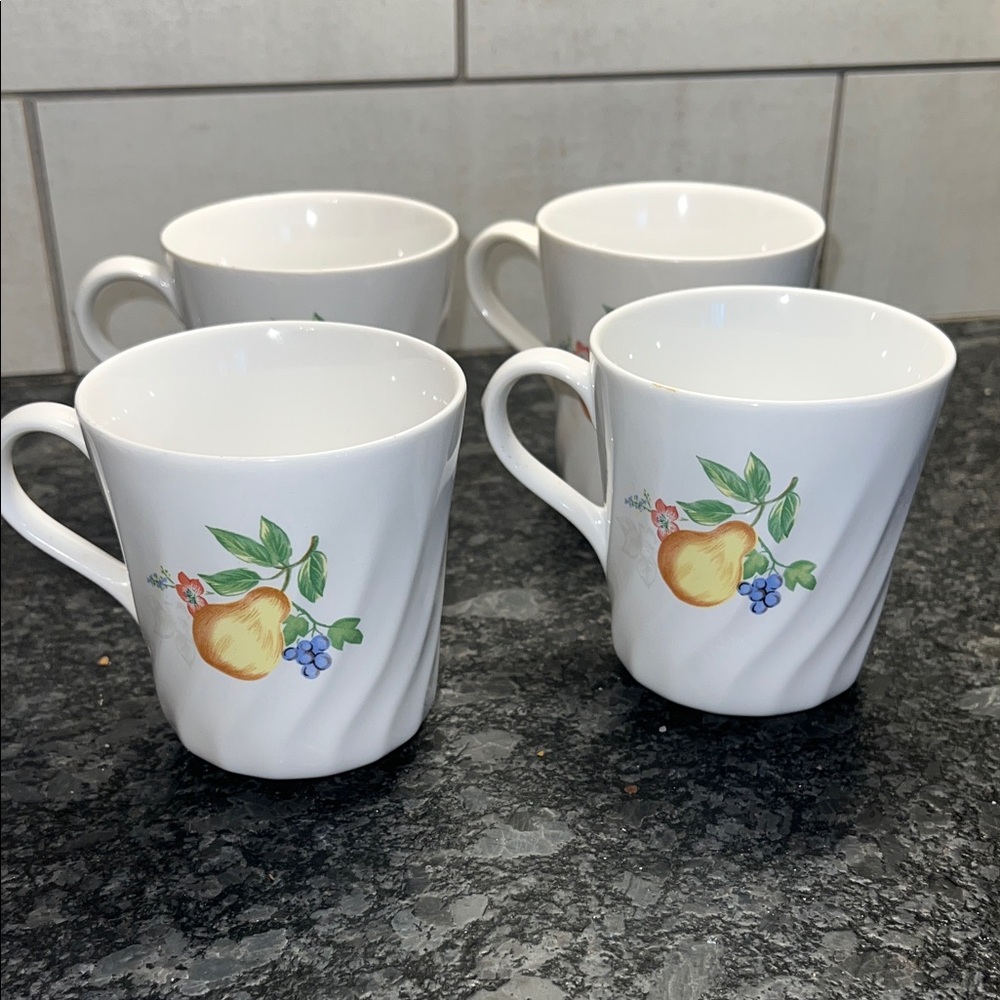 Set of 4 Corelle Coordinates Elegant White Mugs with Fruit Design. Chutney